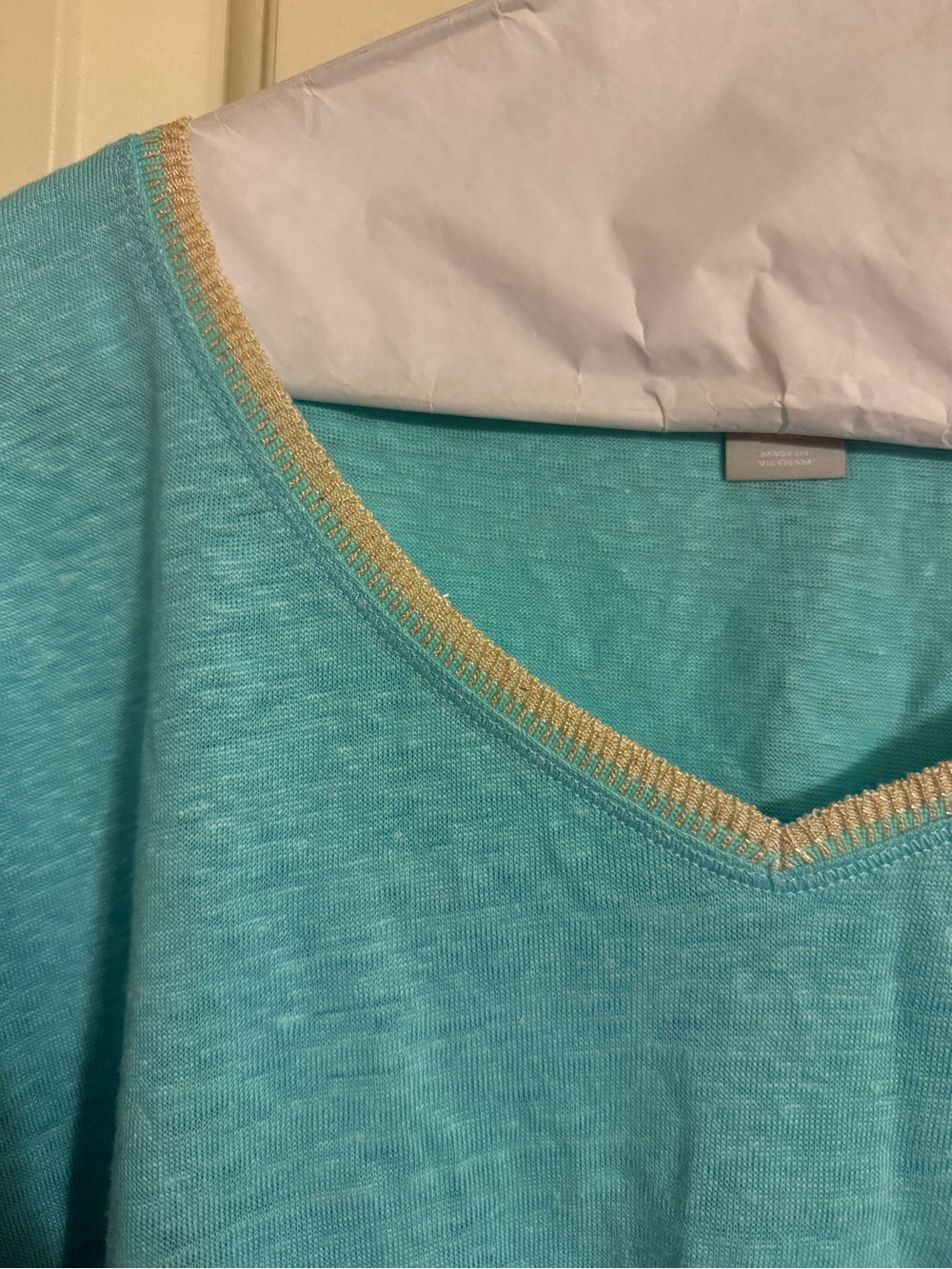 Chico's Teal V-Neck Sweater with Gold Trim